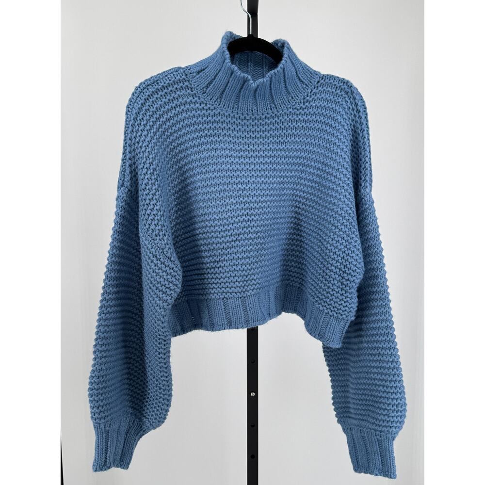 Pika AT 11 Blue Cropped Mock Neck Sweater Balloon Sleeve L/XL - New Oversized